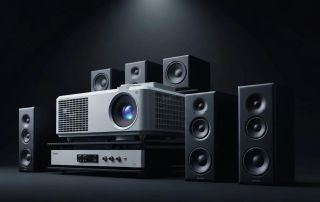A curated selection of cutting-edge audio-visual equipment, including a high-definition 4K projector and premium surround sound speakers