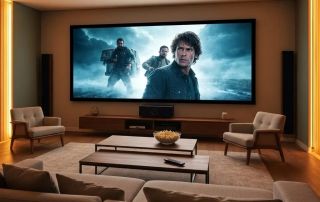 Cozy home theater setup with a projector and large screen, enhancing cinematic experience