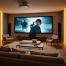 Cozy home theater setup with a projector and large screen, enhancing cinematic experience