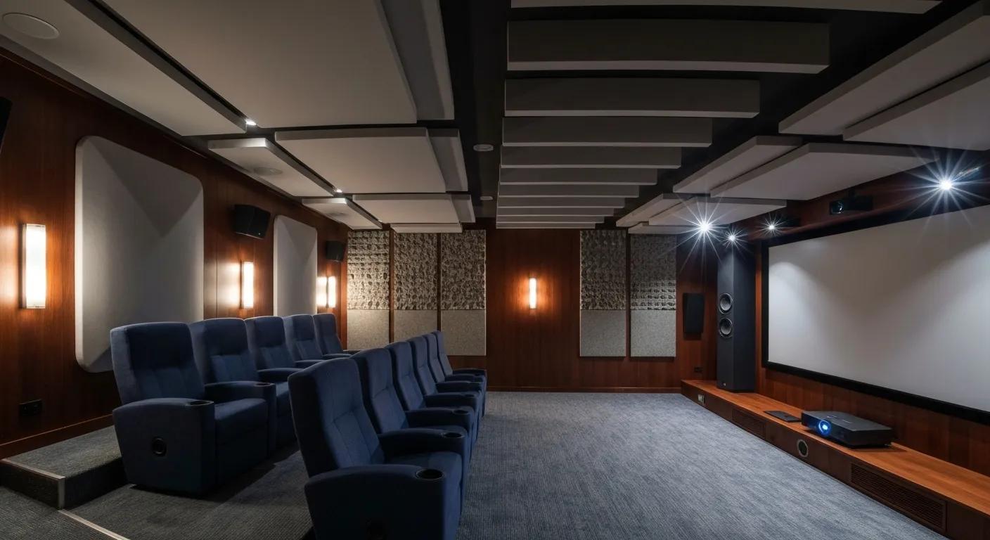 An interior view of a home Theater Planning showcasing various acoustic treatments designed to optimize sound quality