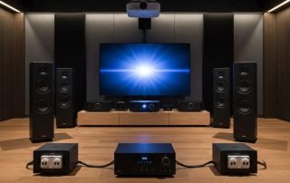 Modern home theater setup emphasizing electrical safety features and high-quality AV equipment