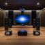 Modern home theater setup emphasizing electrical safety features and high-quality AV equipment