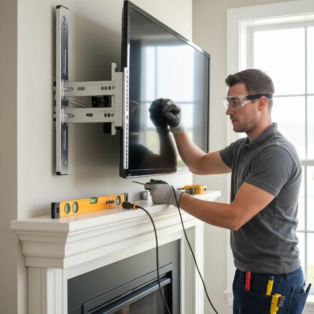 A skilled technician carefully mounting a TV above a fireplace, demonstrating precision and a commitment to safety