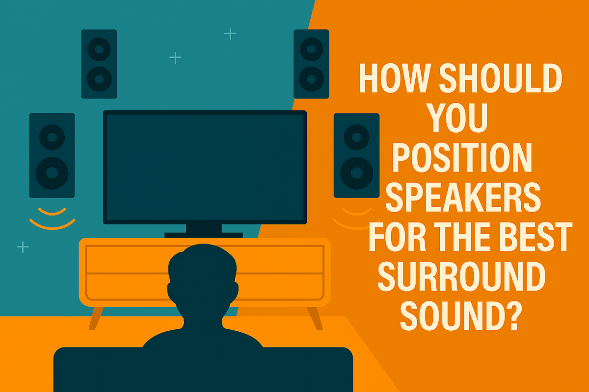 Illustration of a home theater setup with a TV on a stand, four Surround system positioned around the screen, and sound wave icons indicating audio output. A person is seated on a couch facing the TV. The background is split into teal and orange tones, with large text reading: ‘How Should You Position Speakers for the Best Surround Sound?
