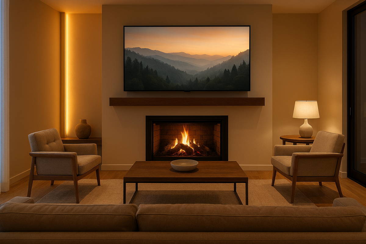 A cozy modern living room featuring a wall-mounted TV above a fireplace with a warm fire. The space includes two armchairs, a sofa, a wooden coffee table, and soft ambient lighting, creating a stylish and inviting atmosphere