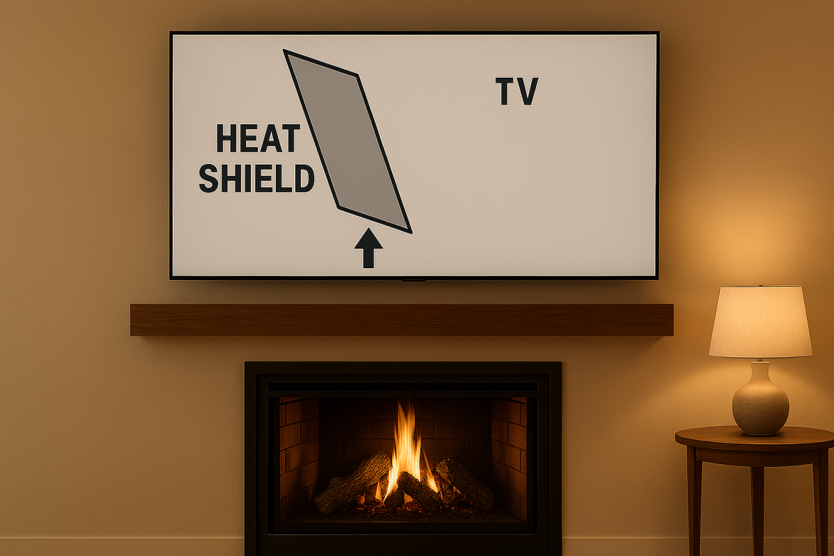 A living room setup with a TV mounted above a fireplace, featuring a heat shield diagram on the TV screen. The fireplace has a wooden mantel, and a lamp sits on a side table to the right, illustrating the concept of protecting a TV from fireplace heat.