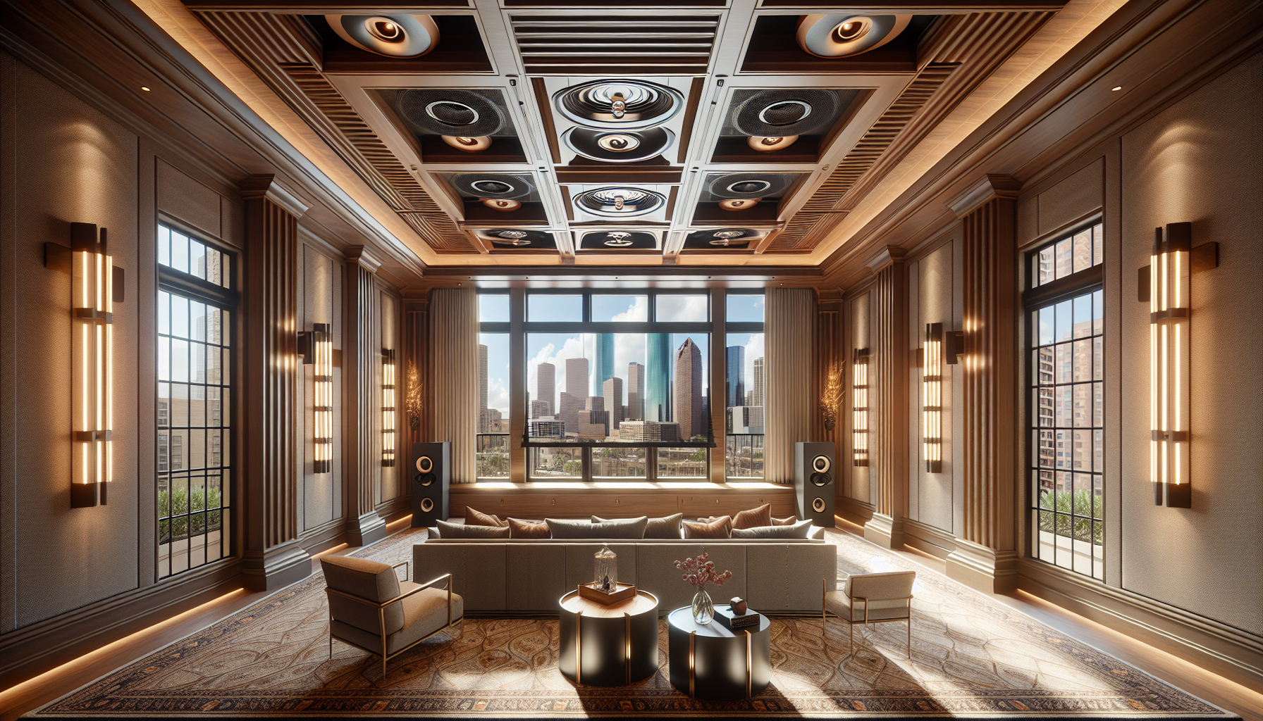 Premium Memorial area home theater with 7.1.4 Dolby Atmos configuration and ceiling speakers