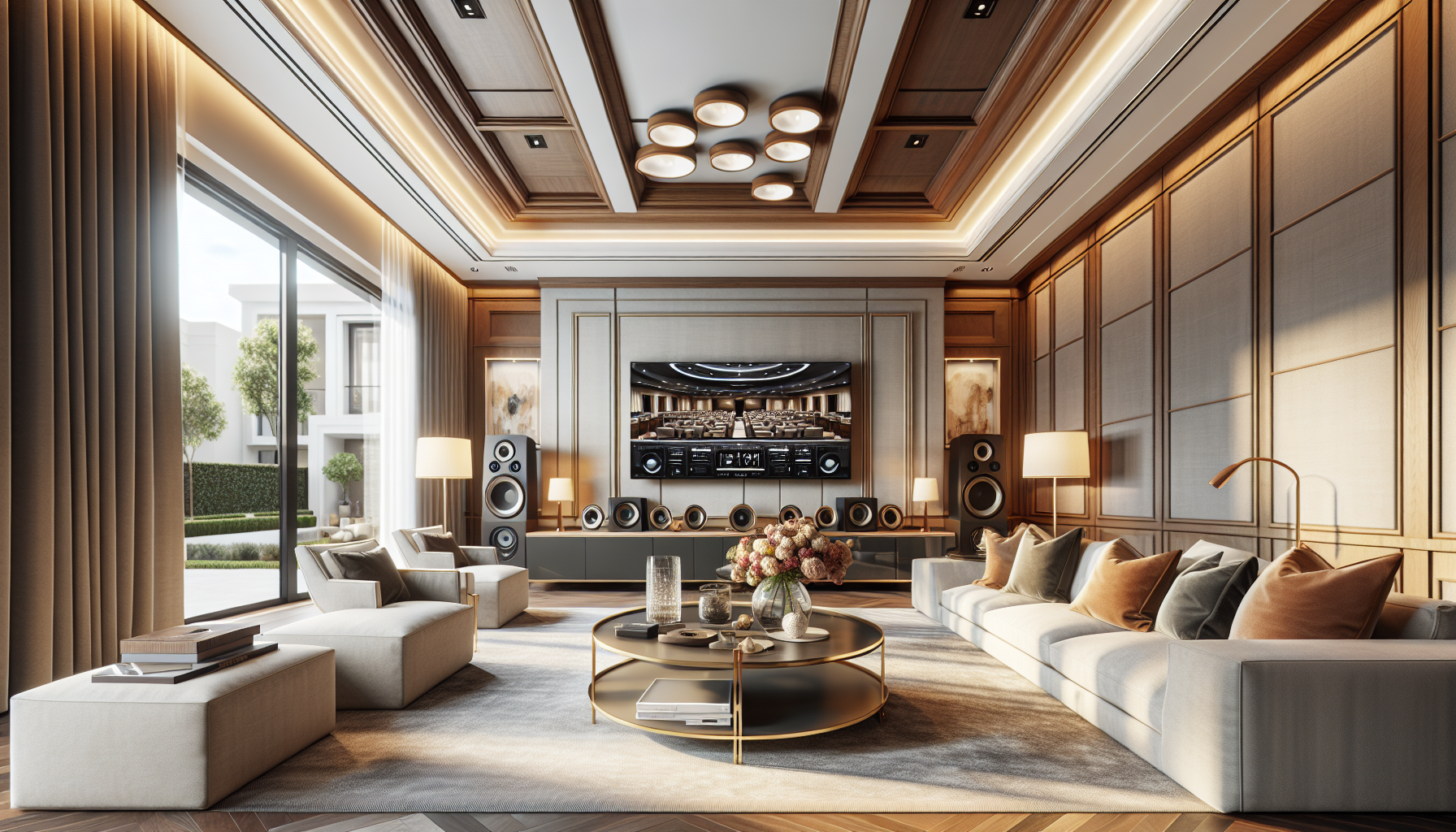 Houston home living room with ceiling-mounted Dolby Atmos height speakers and 5.1.4 configuration