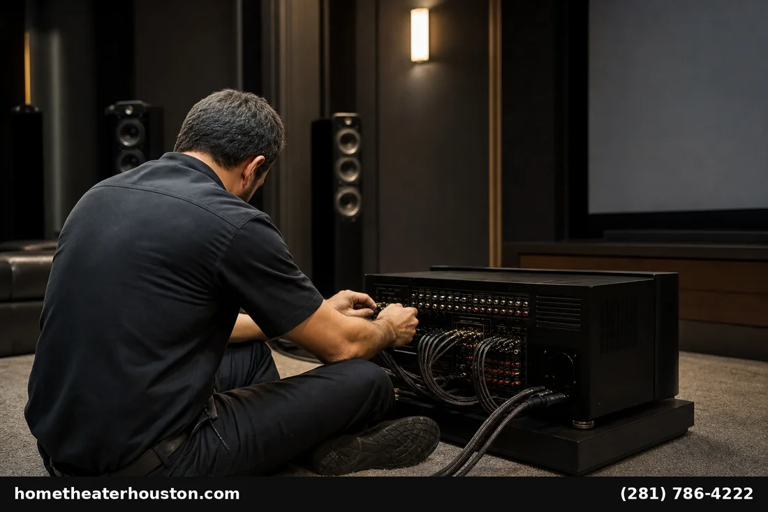 Technician calibrating AV receiver Houston home theater