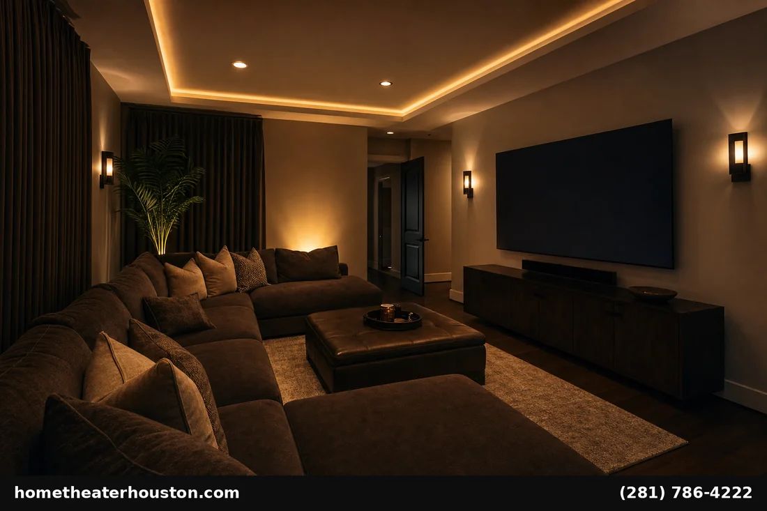 Houston media room lighting design layered cove LEDs