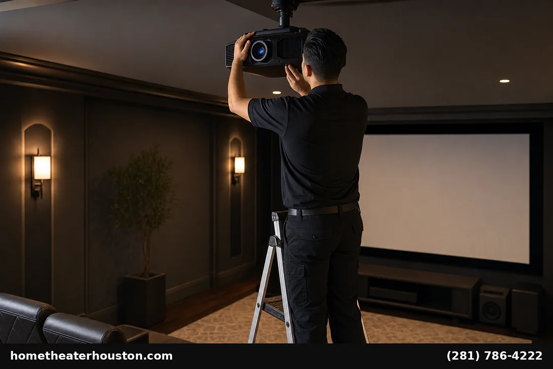Projector calibration installer adjusting ceiling mount