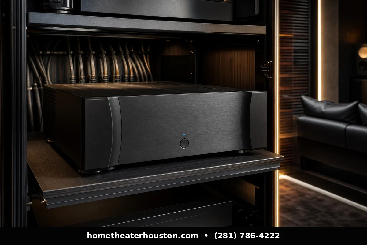 Subwoofer amplifier in a home theater equipment closet